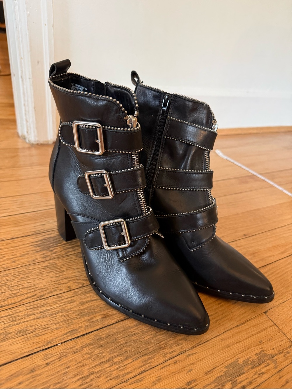 Steve Madden Black Buckle-Strap Pointed Ankle Boots